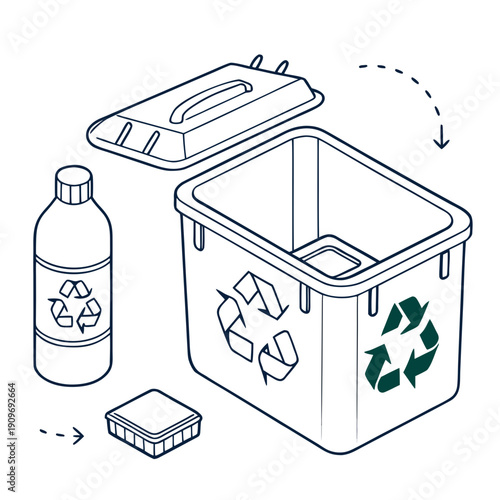 Illustration of a recycling bin with various recyclable items being sorted