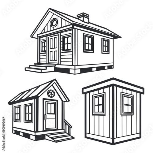 Konstfotografi Three distinct architectural styles of small houses illustrated in black and white