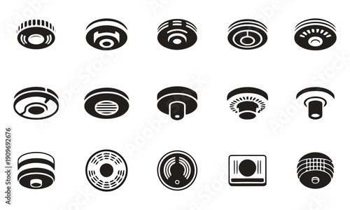 Assorted smoke detector and alarm icons for home and building safety