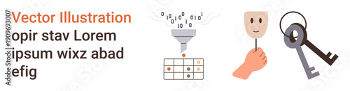 Cybersecurity, identity verification, data processing, personal security, analytics, privacy protection. Illustration shows data funnel, mask held by hand and keys. Cybersecurity and identity