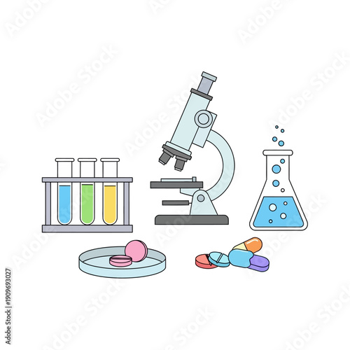 Microscope, Test Tubes, Pills and Flask - Science and Medical Research Lab Equipment