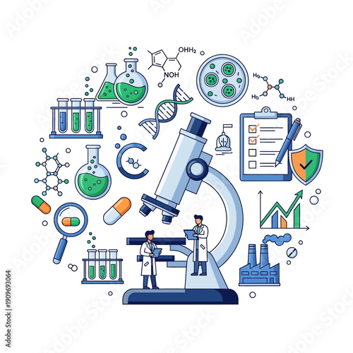 Science Research Laboratory Circle - DNA, Microscope, Chemistry, Pills
