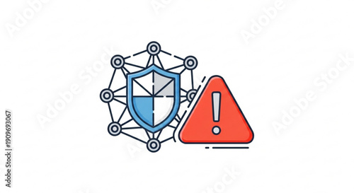 Warning sign with shield and network nodes indicating cybersecurity threat