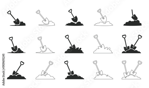 Collection of shovel icons digging into soil for gardening and construction