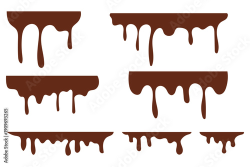 Chocolate dripping border set isolated on white background. Sweet melted chocolate drip edges forming decorative dividers and frames. Dessert design elements for bakery branding, packaging, menus,