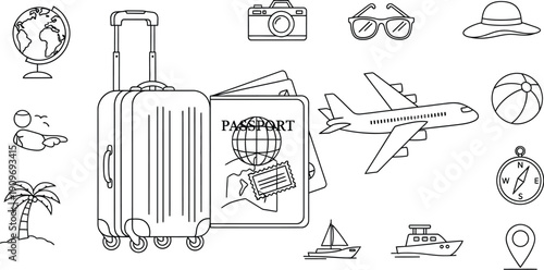 Collection of black and white line icons representing essential travel gear and vacation activities for a memorable global journey