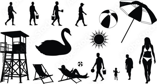 Summer beach silhouette set with people lifeguard tower swan sun umbrella and vacation elements cad drawing flat vector illustration isolated