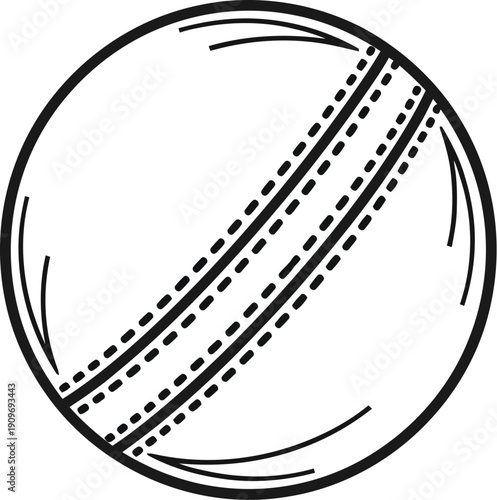 Simple black and white line art illustration depicting a classic leather cricket ball with prominent visible stitching or seam detail on a plain background.