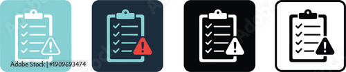 Checklist clipboard warning icon set with task list alert symbol in multiple color styles