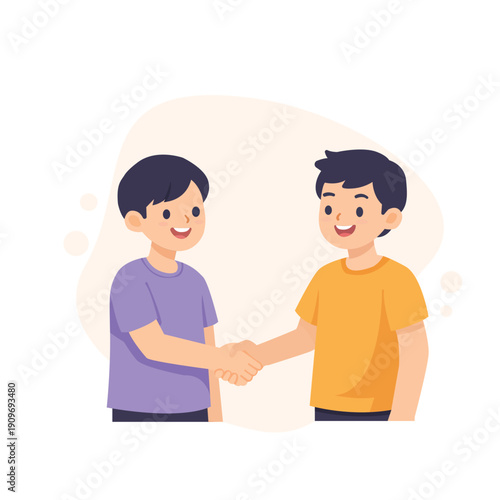 Happy Kids Shaking Hands Cartoon Illustration, Friendship and Teamwork Concept, Flat Vector Style