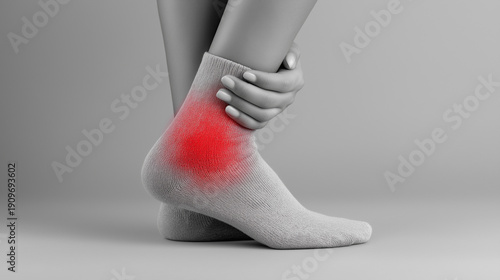 Woman showing painful ankle with red spot indicating arthritis. Medical illustration of joint inflammation concept for healthcare and treatment.
