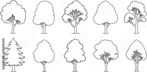 Collection of ten distinct black and white line art icons depicting various deciduous and evergreen tree shapes for design projects