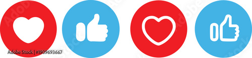 Collection of social media icons including hearts and thumbs up for user engagement and feedback on websites and apps isolated 