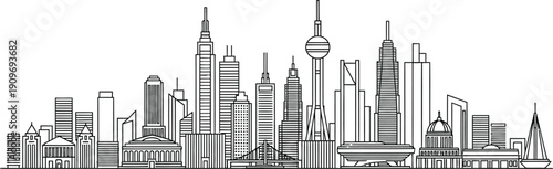 Detailed black and white line art illustration depicting a recognizable modern city skyline featuring skyscrapers and distinct architectural landmarks