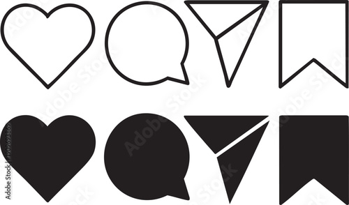 Set of social media icons including heart speech bubble send and bookmark symbols in outline and solid fill isolated on white background for web and app design