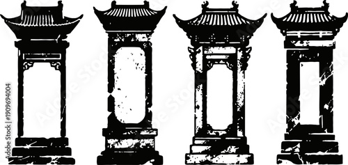 Traditional chinese wooden archway frames with ornamental curved roofs and intricate details set in silhouette