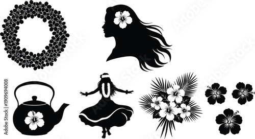 Tropical Hawaiian silhouette set with hula dancer hibiscus flowers wreath and teapot isolated on white background cad drawing flat vector illustration