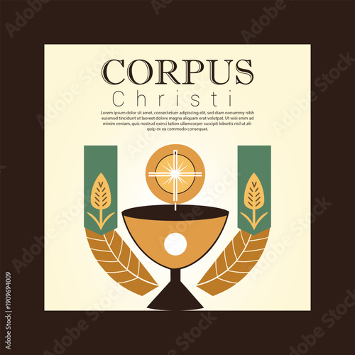 An illustrative emblem for corpus christi featuring a golden chalice, host, and wheat stalks on a cream background.