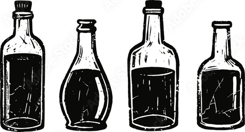 Hand drawn vintage glass bottles with liquids set of four old fashioned jars and containers illustration