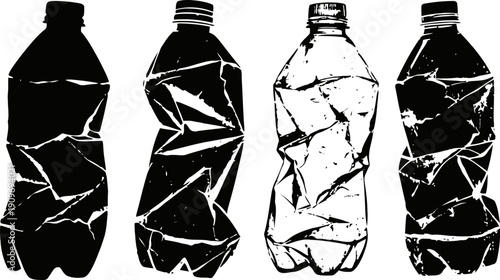 Crushed plastic bottles silhouettes recycled waste shapes collection, environmental pollution concept