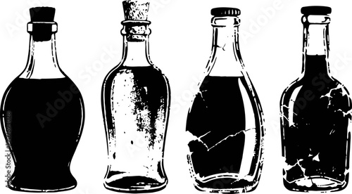 Vintage glass bottles silhouette set with cork stoppers and classic shapes isolated on white background