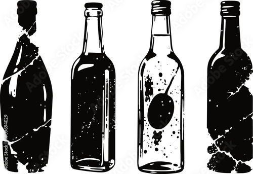 Vintage glass bottles silhouettes set four antique bottle shapes with aged texture and imperfections classic old container design collection