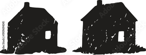 Two rustic silhouette houses with textured design and single window on a mound