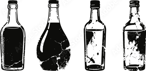 vintage glass bottles silhouettes with worn textures in black and white isolated on white