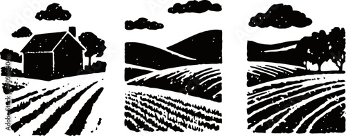 black and white rural landscape illustrations farmhouses, fields, hills, and trees in rustic countryside scenes