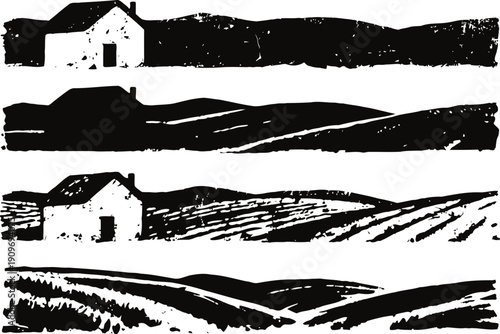 Rustic countryside landscapes with farmhouse silhouettes and rolling hills in black ink brush stroke