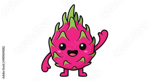 A cheerful cartoon dragon fruit character waving with a smiling face