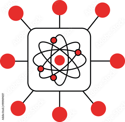 Red atom nucleus with orbiting electrons and connected red circles science