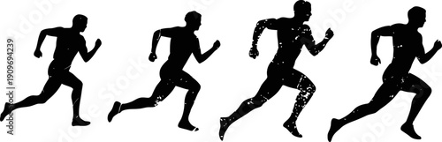 Silhouettes of four male runners in motion, depicting dynamic sprinting action and athletic speed