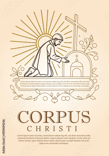 A reverent illustration of a man kneeling in prayer before an altar with radiant sun and cross