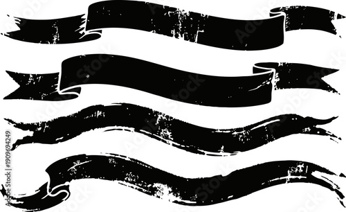 Grunge vintage ribbons set black ink textured banners with distressed worn edges, curved and straight styles for design