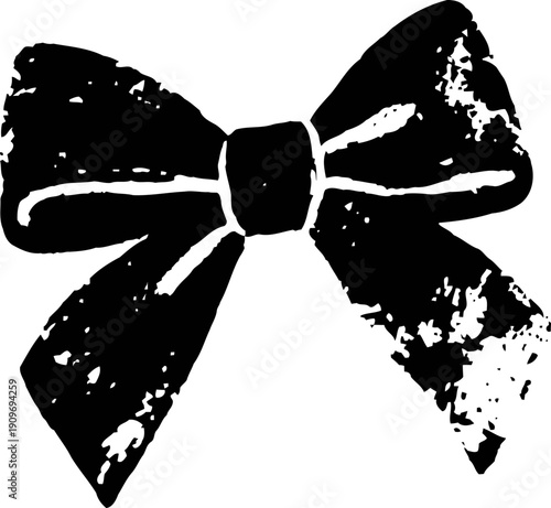 Vintage black bow illustration with textured distressed effect on white background design