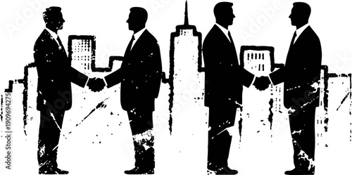 Businessmen shaking hands in agreement with city skyline background and grunge effect