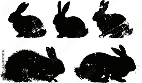black rabbit silhouettes in various poses with textured grunge effect and scratch marks
