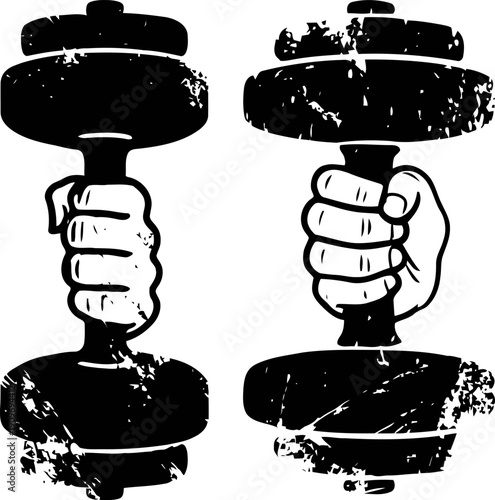 Grunge illustration of hands holding dumbbells for weightlifting and strength training