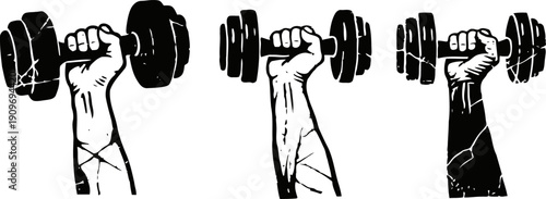 raised strong fists holding dumbbells in different grip styles fitness strength and workout concept