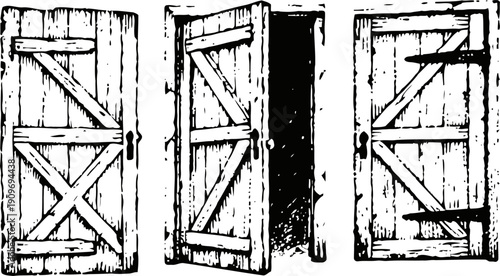 rustic wooden barn door in various open and closed positions vintage farmhouse entrance design with metal hinges and latch