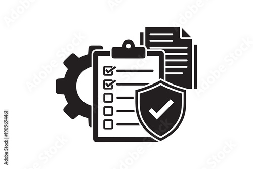 Compliance Management System Icon with Clipboard and Shield - Quality Control Checklist with Gear and Safety Shield