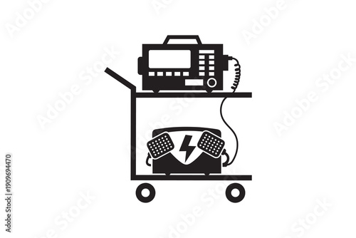 Black and white defibrillator medical cart silhouette - Monochrome emergency defibrillator trolley icon