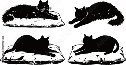 Four black silhouettes of cats resting on cushions in different relaxed poses and angles