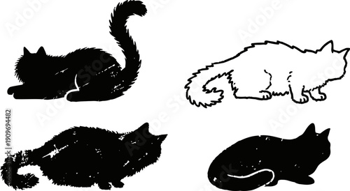 four cat silhouettes in different poses sitting, lying, and stretching feline shapes black and white simple pet animal icons