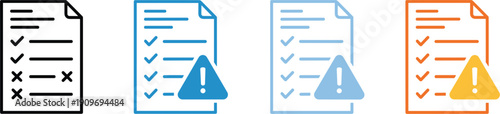 Document checklist warning icon set with approved and error report symbols in multiple color variations