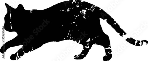 Black cat silhouette walking with textured rough look isolated on white background
