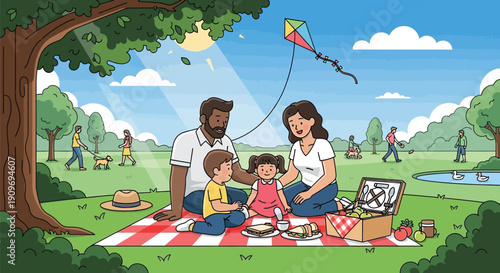 Happy diverse family enjoying a sunny outdoor picnic together on a red and white checkered blanket while flying a colorful kite above the park