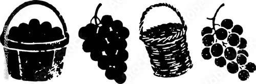 Black baskets and grape clusters silhouettes rustic hand drawn fruit and container illustrations