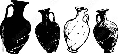 Ancient ceramic amphora pots with handles in vintage hand drawn sketch set